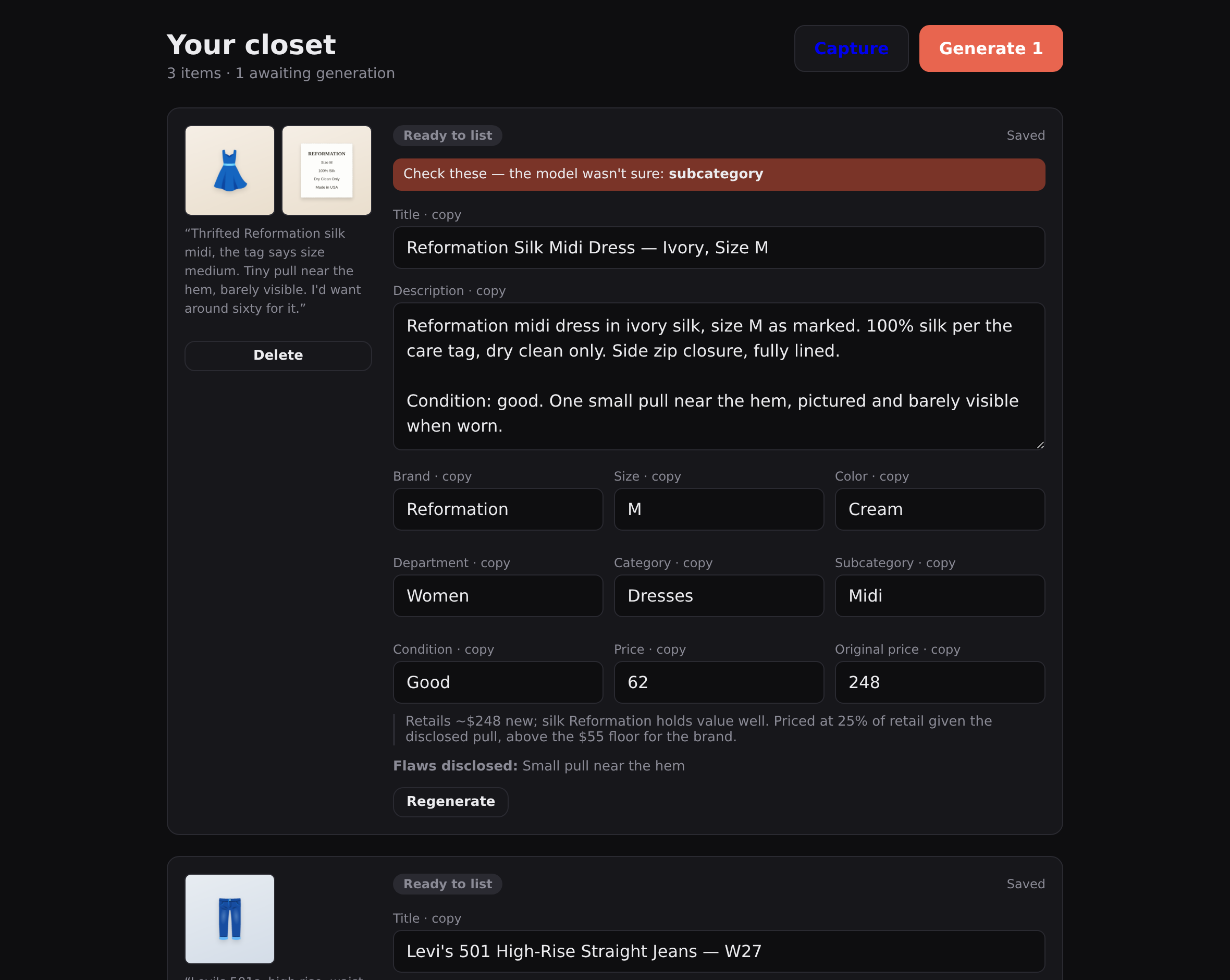 Dashboard: a generated listing with every field editable